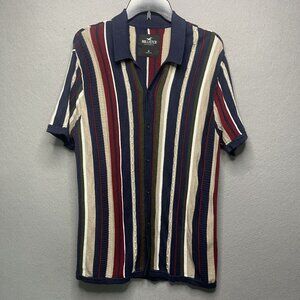 Hollister Mens Textured Knit Coogi Style Striped Polo Shirt Blue/Red Size M
